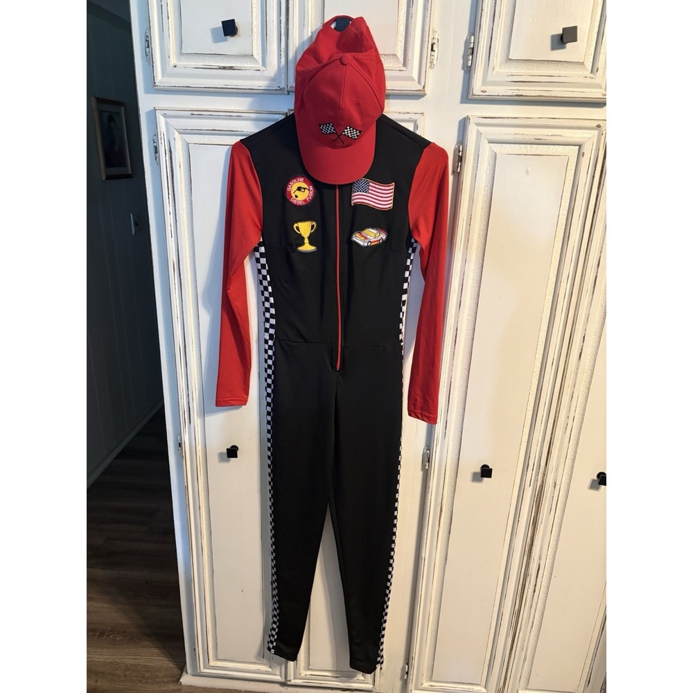 Kids Halloween Costume Sz S Race Car Driver Hat Race To The Finish Zip Suit EUC